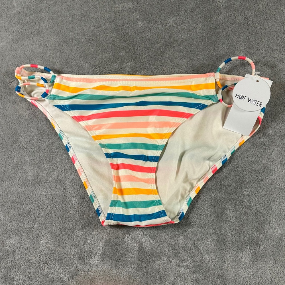 Hot Water Womens Striped Bikini Bottom Multi Color Ring Detail Large NWT